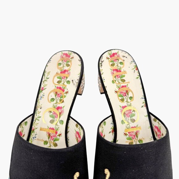 Gucci Dragon Embroidered Candy Mules EU 37 US 7 Black Satin Crystal Block Heel - Picture 5 of 15